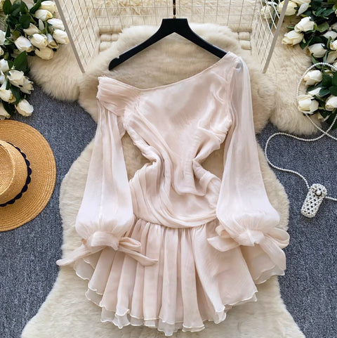 Slant Neckline Bow Embellished Dress