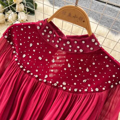 Rhinestone Studded Pleated Dress