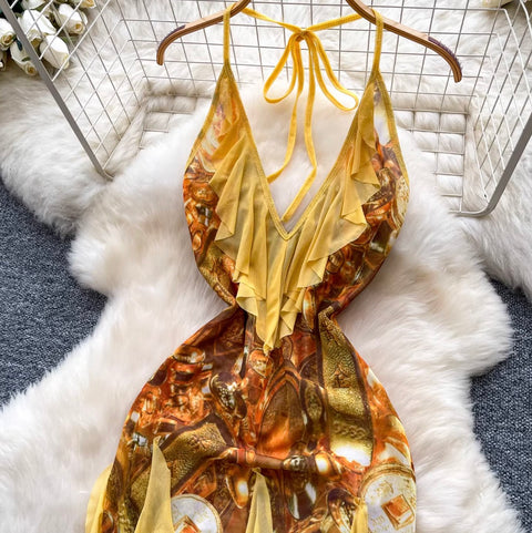 Print Backless Fringed Halter Dress