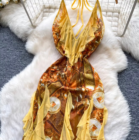 Print Backless Fringed Halter Dress