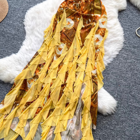 Print Backless Fringed Halter Dress