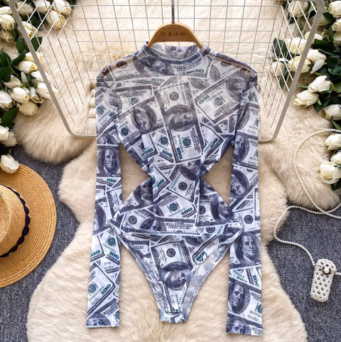 Chic Dollar Print Slim Jumpsuit
