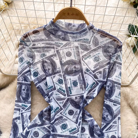 Chic Dollar Print Slim Jumpsuit