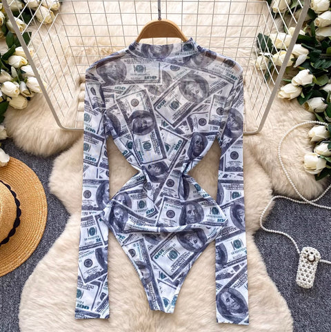 Chic Dollar Print Slim Jumpsuit