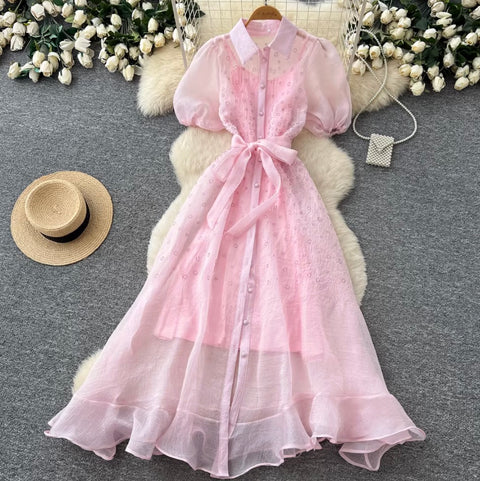 Puffy Sleeve A-line Mesh Dress