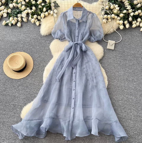 Puffy Sleeve A-line Mesh Dress