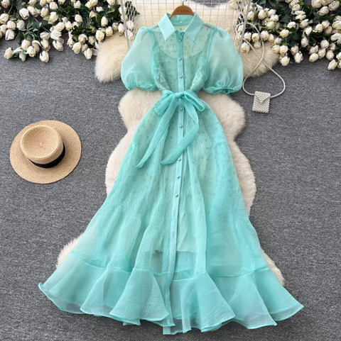 Puffy Sleeve A-line Mesh Dress