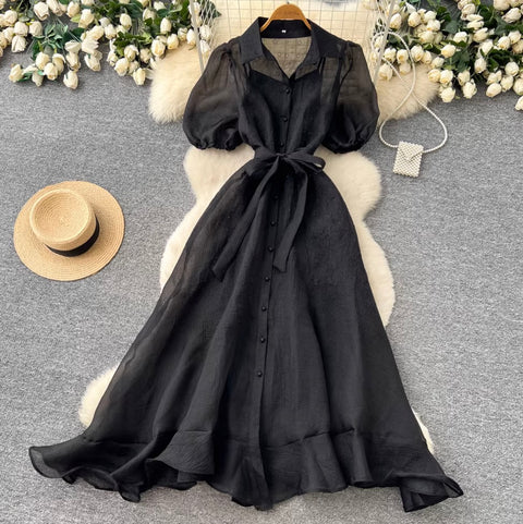 Puffy Sleeve A-line Mesh Dress
