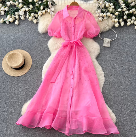 Puffy Sleeve A-line Mesh Dress