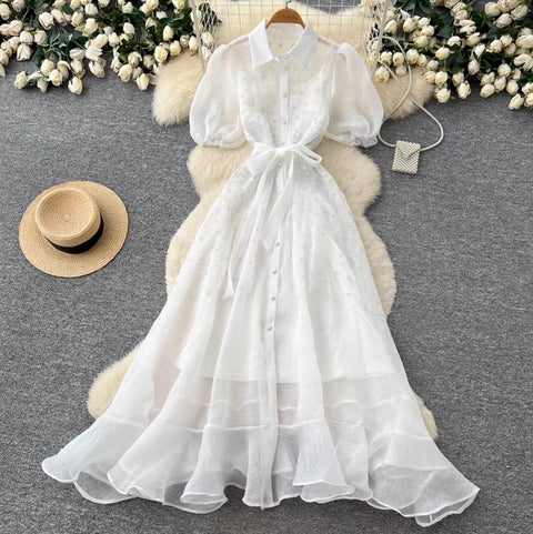 Puffy Sleeve A-line Mesh Dress