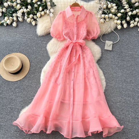 Puffy Sleeve A-line Mesh Dress