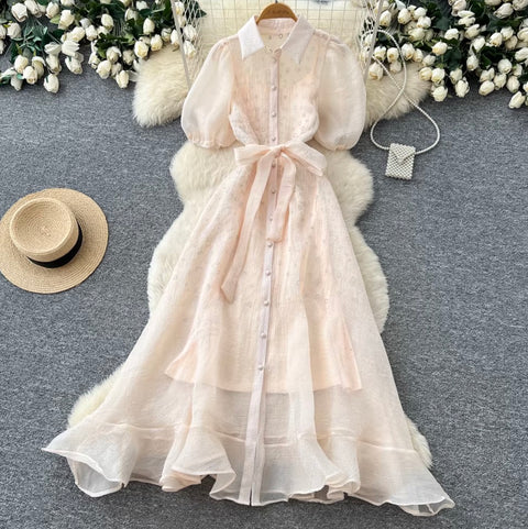 Puffy Sleeve A-line Mesh Dress