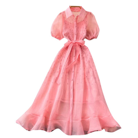 Puffy Sleeve A-line Mesh Dress