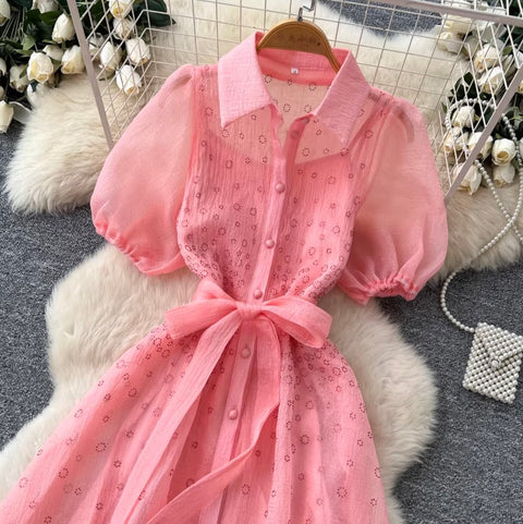 Puffy Sleeve A-line Mesh Dress