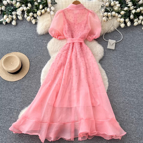 Puffy Sleeve A-line Mesh Dress