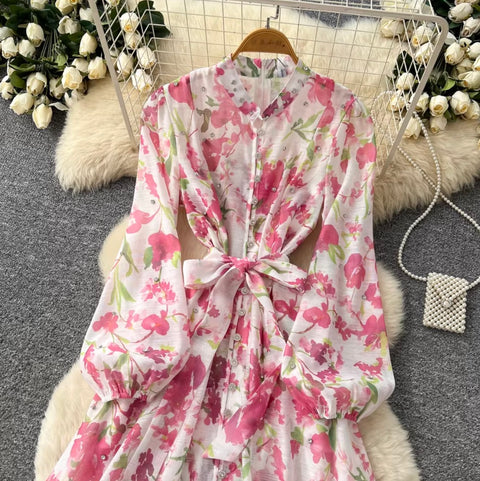 French Style Floral Shirt Dress 2Pcs