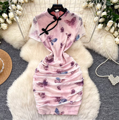 Chinese Style Butterfly Print Cheongsam
