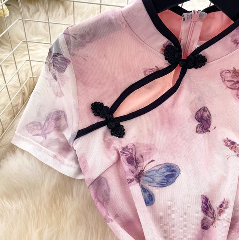 Chinese Style Butterfly Print Cheongsam
