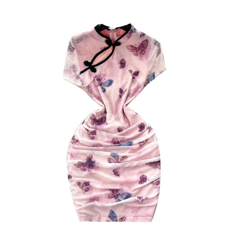 Chinese Style Butterfly Print Cheongsam