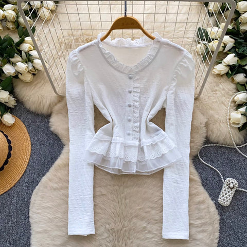 Ruffled Lace Mesh Patchwork Shirt