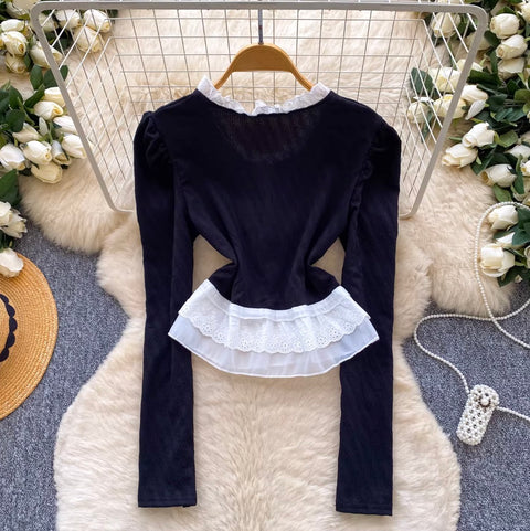 Ruffled Lace Mesh Patchwork Shirt