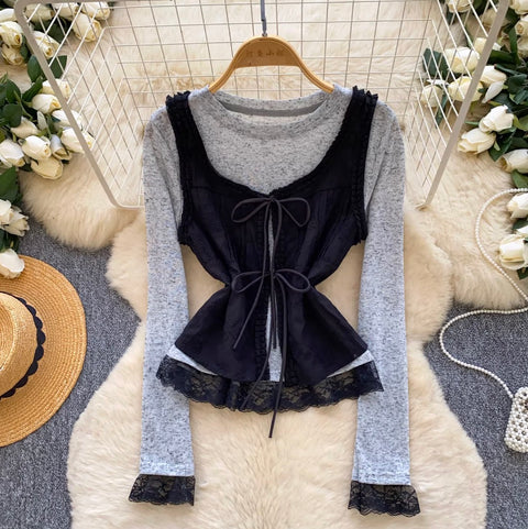 Lace-up Camisole & Bottoming Top 2Pcs