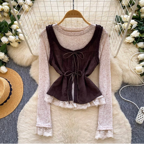 Lace-up Camisole & Bottoming Top 2Pcs