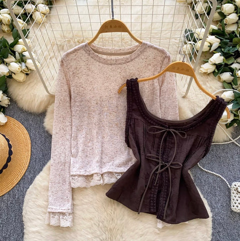 Lace-up Camisole & Bottoming Top 2Pcs