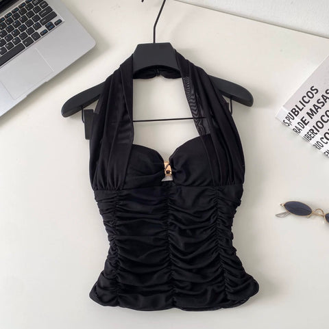 Sexy Backless Pleated Halter Top