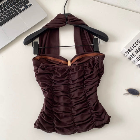 Sexy Backless Pleated Halter Top
