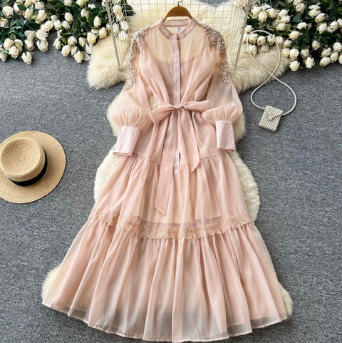 Puffy Sleeve Beaded Embroidery Dress