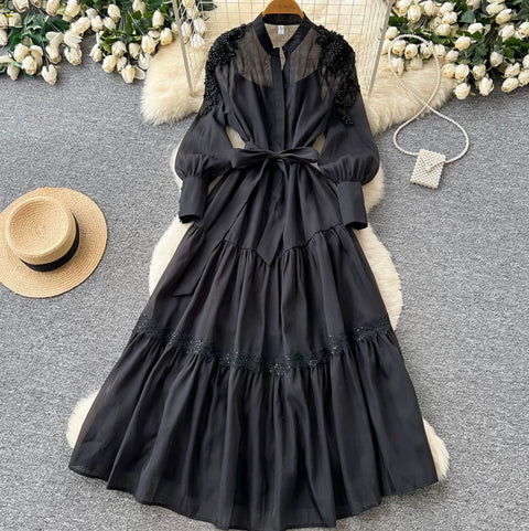 Puffy Sleeve Beaded Embroidery Dress