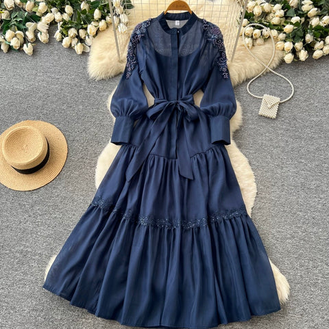 Puffy Sleeve Beaded Embroidery Dress