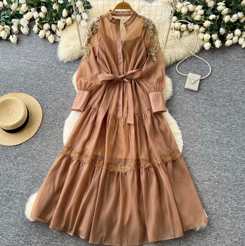 Puffy Sleeve Beaded Embroidery Dress