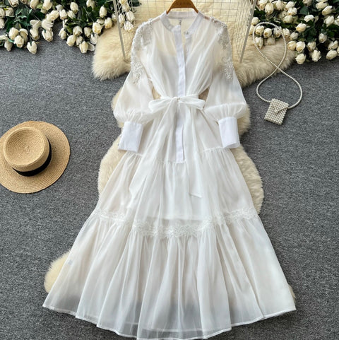 Puffy Sleeve Beaded Embroidery Dress