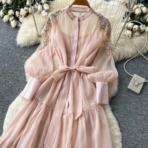 Puffy Sleeve Beaded Embroidery Dress