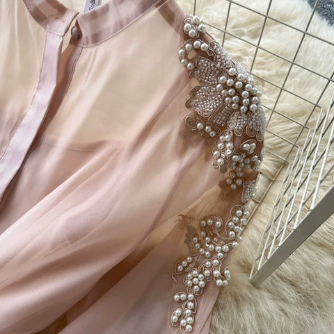 Puffy Sleeve Beaded Embroidery Dress