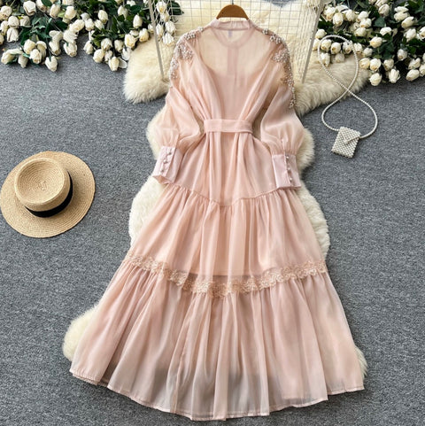 Puffy Sleeve Beaded Embroidery Dress