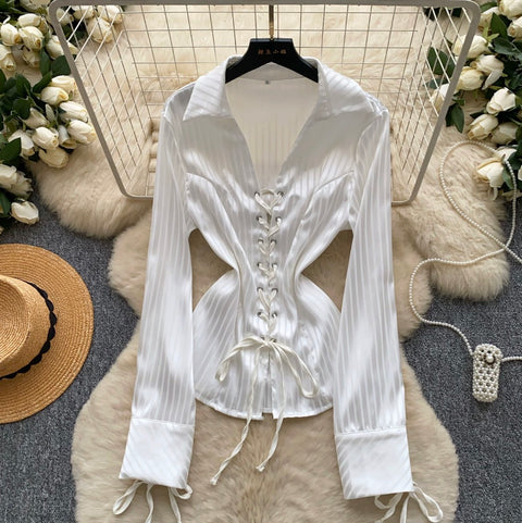 Lace-up White Striped Shirt