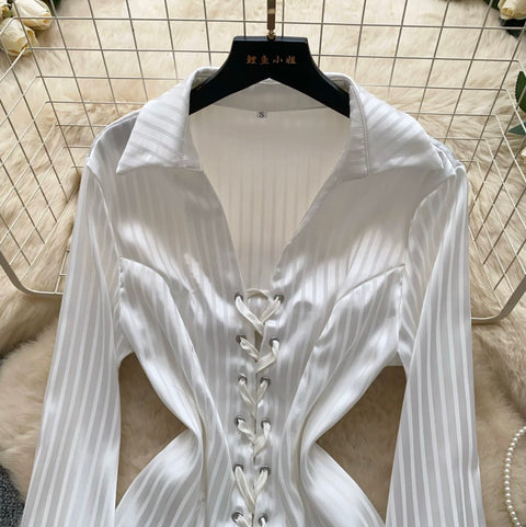 Lace-up White Striped Shirt