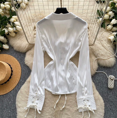 Lace-up White Striped Shirt
