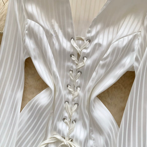 Lace-up White Striped Shirt