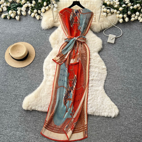 Chinese Style Print Pleated Dress