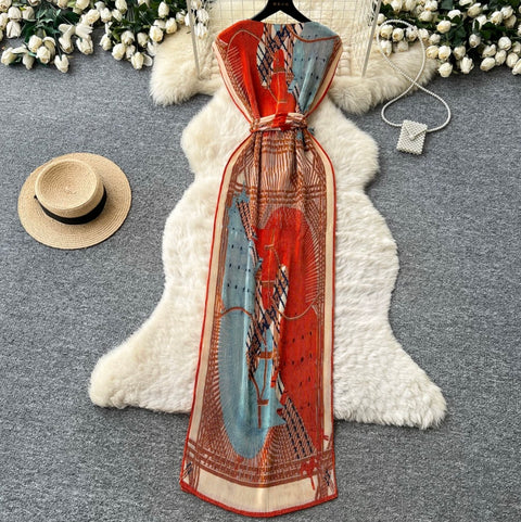 Chinese Style Print Pleated Dress