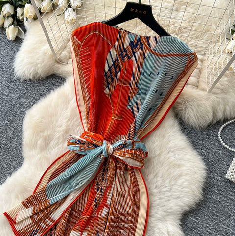 Chinese Style Print Pleated Dress