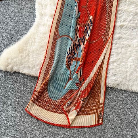 Chinese Style Print Pleated Dress
