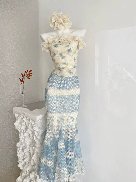 Off-shoulder Top & Fishtail Skirt Floral 2Pcs