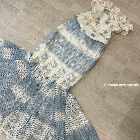 Off-shoulder Top & Fishtail Skirt Floral 2Pcs