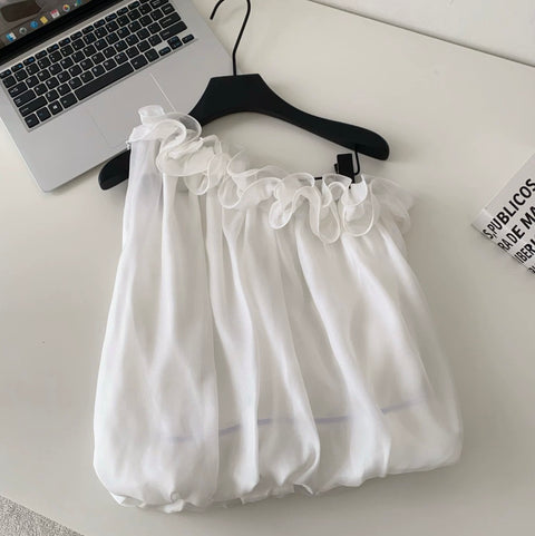 Sweetie Ruffled Neckline Mesh Top