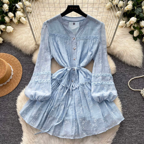 Fairy V-neck Floral Lace Shirt Dress
